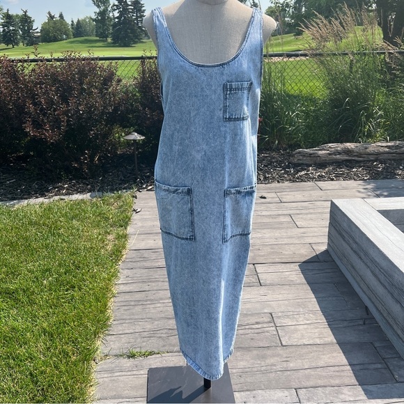 Vintage 80s 90s Acid Wash Denim Relaxed Fit Overall Maxi Jean Dress - Picture 5 of 10